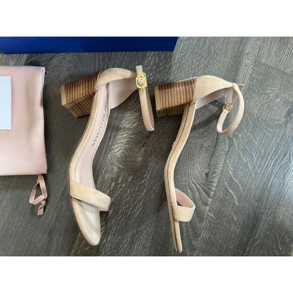 Stuart Weitzman Simple Adobe Suede Stacked Nudist Sandal Heel 39 8.5 NEW W/BOX - Picture 5 of 8